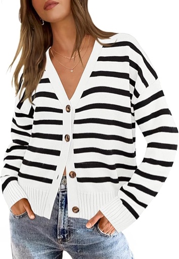 MEROKEETY Women's Long Sleeve Knit Cardigan Sweaters Crew Neck Button Color Block Fall Outerwear Jacket, White, L