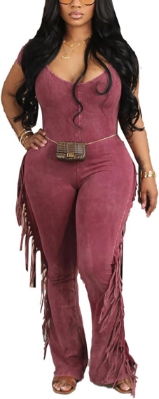 (Size XXL) Mojessy One Piece Outfit for Women Sexy V Neck Tassel Sleeve Body con Jumpsuit Summer Elastic High Waist Stretchy Slim Pull-on Pants with Pockets Red 