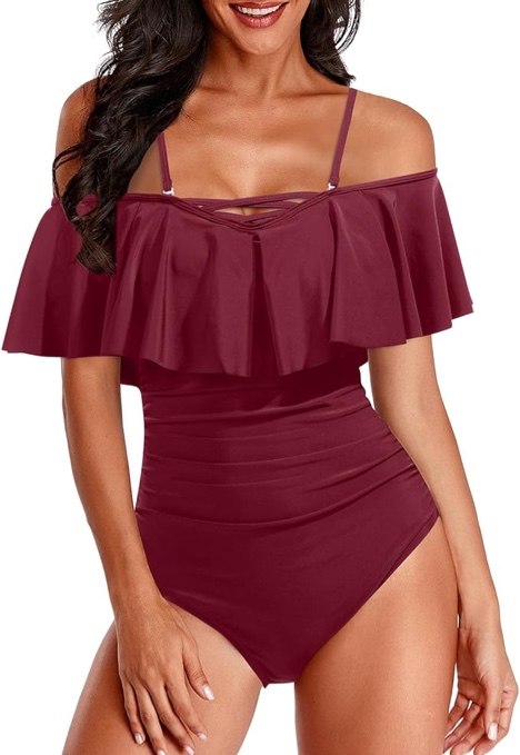 (Wine Red, Small) Women One Piece Sexy V Neck Off Shoulder Ruched Flounce Flutter Tummy Control Backless Monokini Swimsuit