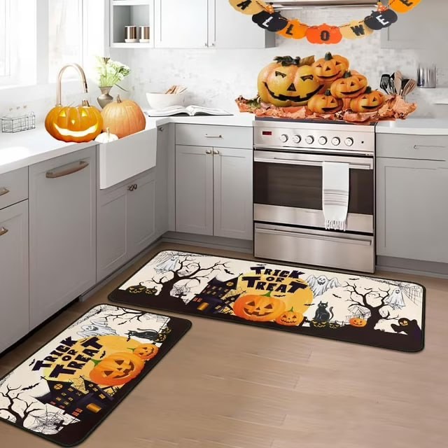 Halloween Pumpkin Kitchen Rug Set of 2 Trick or Treat Decorations Kitchen Mat Non Slip, Holiday Floor Mat for Home Kitchen Decorations, Sink, Office, Laundry 17"x47"+17"x30"