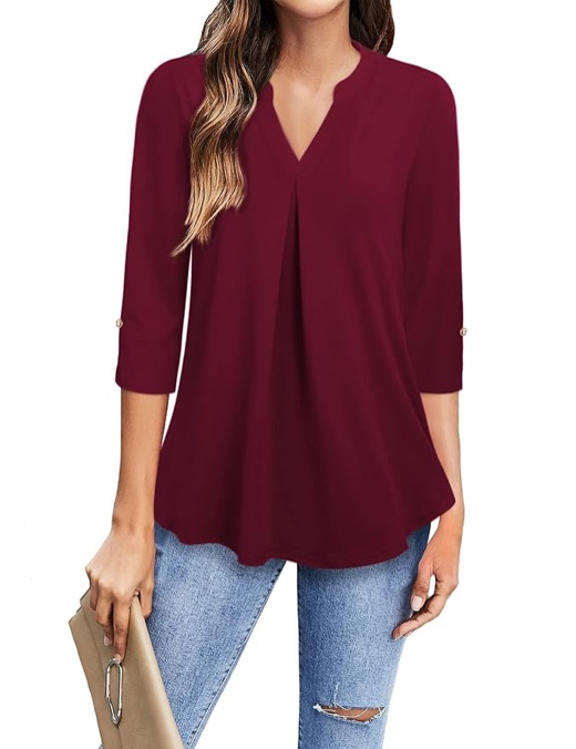 Gaharu Women's Ruffle 3/4 Sleeve Blouses Casual V Neck Double Layers Dressy Tunics Tops