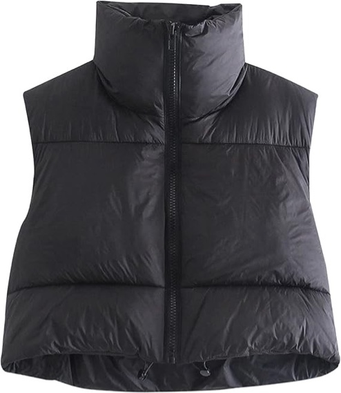 Ainangua Women's Crop Padded Vest Stand Collar Lightweight Sleeveless Puffer Zip Up Gilet Outerwear (Black, Large)