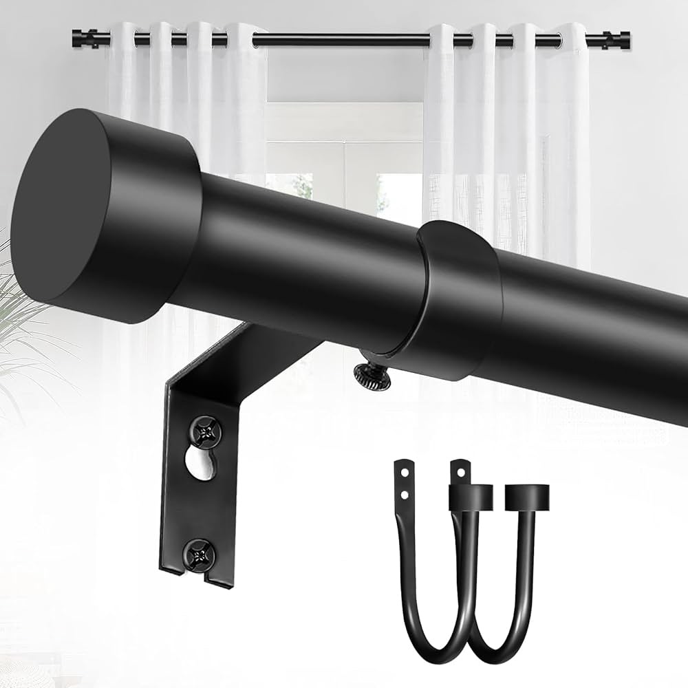 YNL Matte Black Long Drapery Rods (36-72'') with 2Pieces Curtain Holdbacks, Adjustable Heavy Duty Curtain Rod with Cap Finials