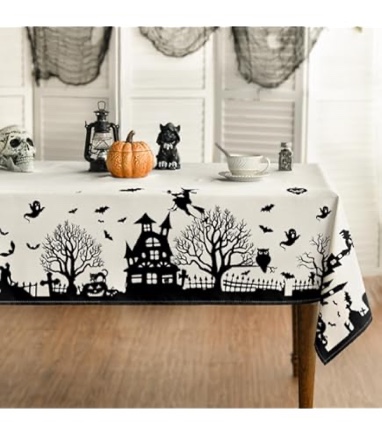 Halloween Tablecloth Pumpkin Ghost Spider Print Scary Themed Table Cloth Waterproof Oxford Cloth Wrinkle Free Washable Reusable Table Cover for Party Decor Kitchen Rectangle Table 60X84 Inches, White