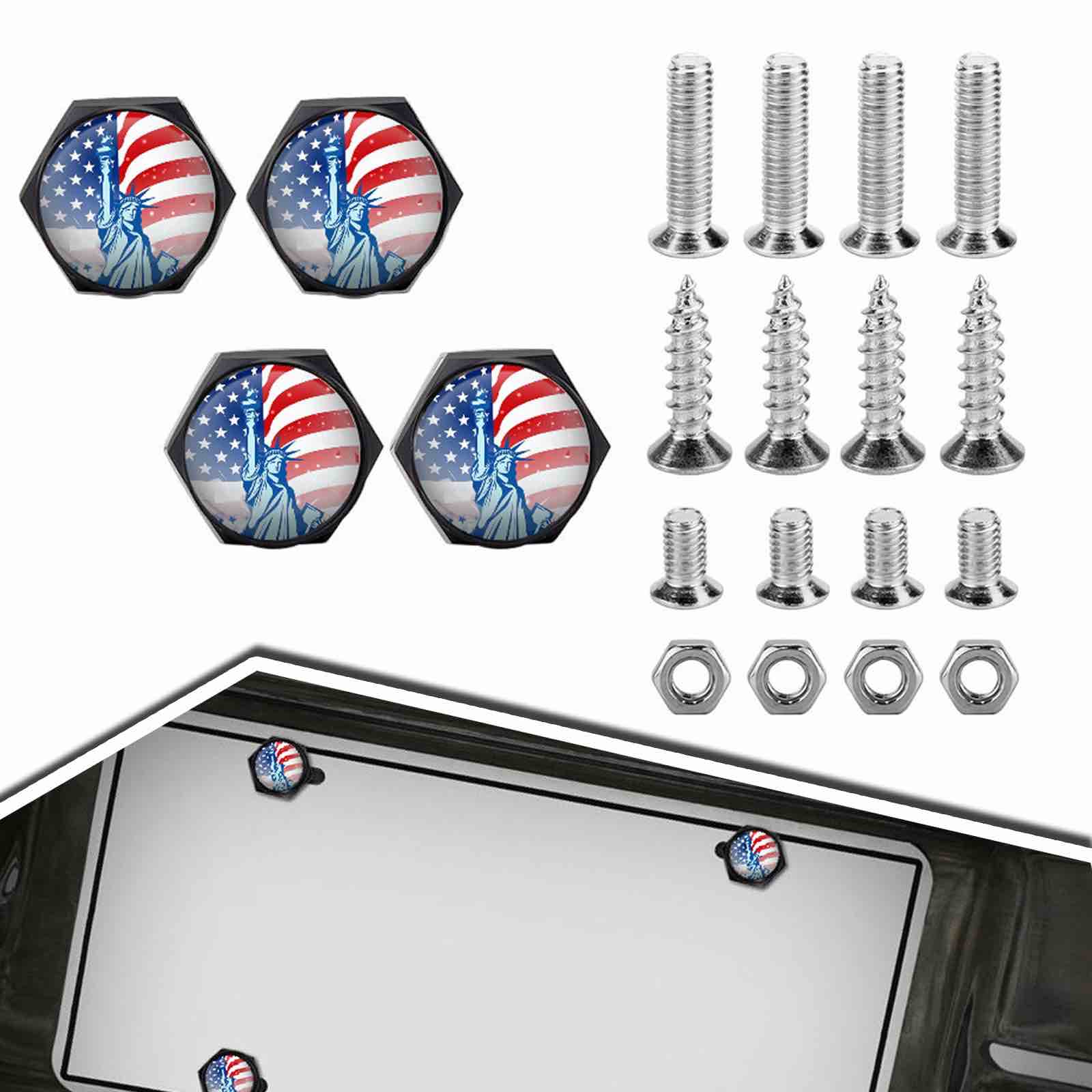 ZKFAR 20 PCS American Flag Car License Plate Screws, 0.1In Waterproof Metal License Plate Bolts Kit, Universal Vehicle License Plate Frame Fasteners Accessories for Car Truck Motorcycle SUV (Black)