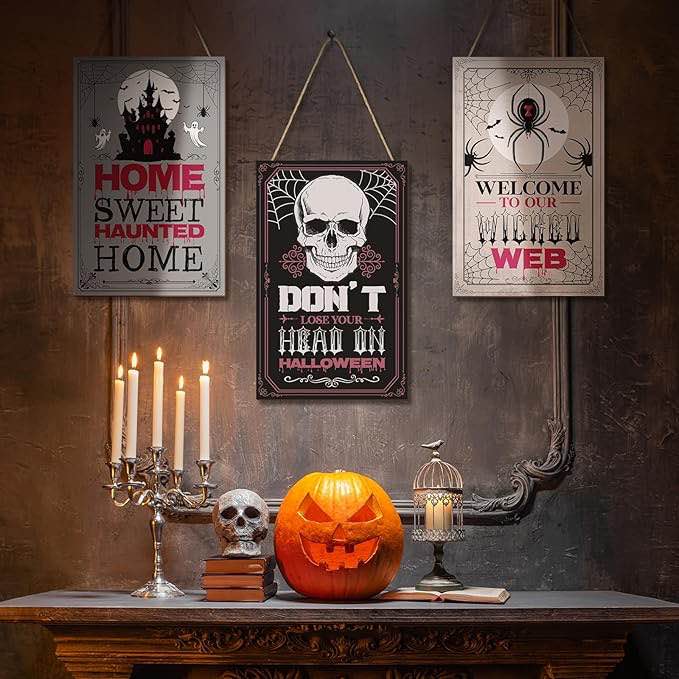 Colingmill 3 Pieces Halloween Wooden Gothic Hanging Signs Decorations Halloween Spider Skull Haunted House Wall Decor Halloween Gothic Scary Horror Castle Haunted House Decor Halloween Party Supplies