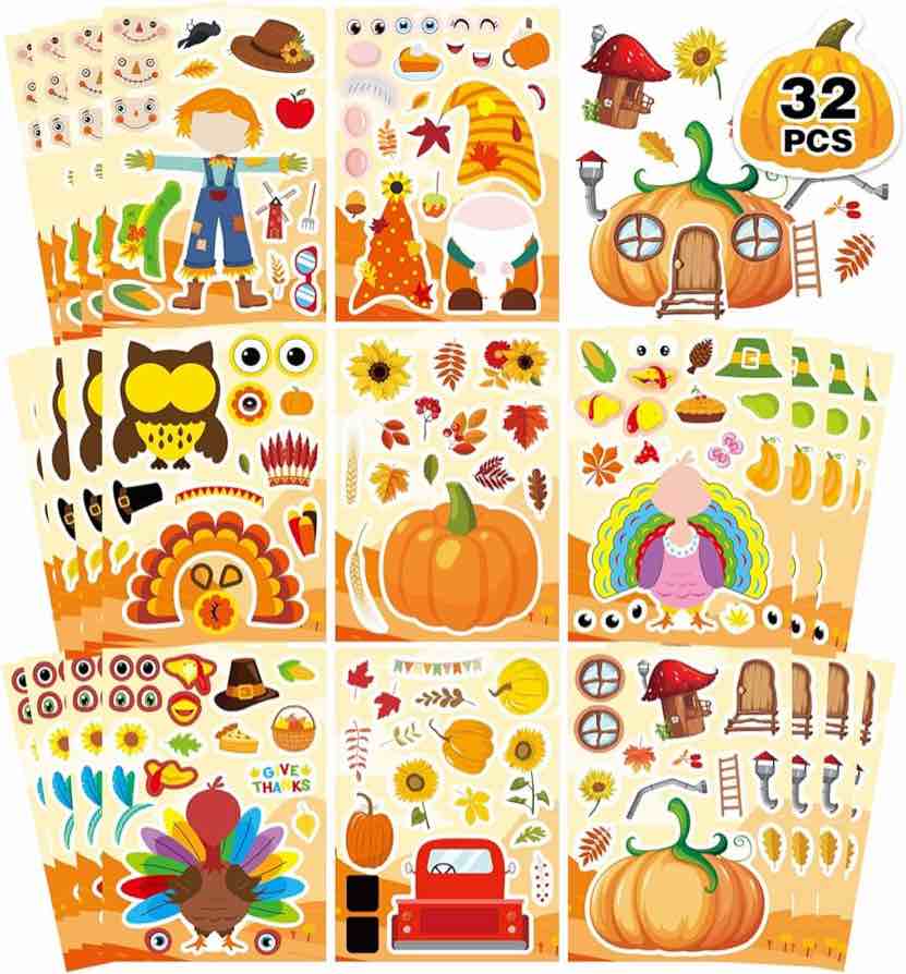 Thanksgiving Party Pack: 32 Sheets of Turkey Face & Harvest Stickers, Decorations & Games