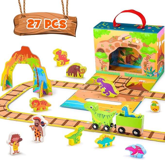 dinosaur toys for kids, wooden mini dinosaur figure toy set including dinosaur train montessori learning toy for 3 4 5 6 year old kid preschool educational activities for boys girls
