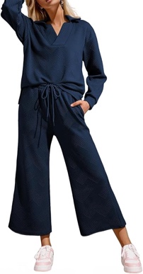 SHEWIN 2 Piece Sets for Women Collared V Neck Long Sleeve Polo Shirts Tops Lounge Set Tracksuits Sweatsuits