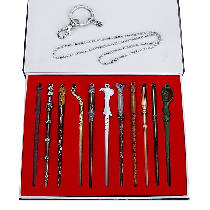 OPENDGO 11pcs Mini Magic Wand Set Creative Cosplay Wizard Wands Stick with Necklace Keychain in Gift Box,Ideal for Halloween Party Costume Decoration Accessories