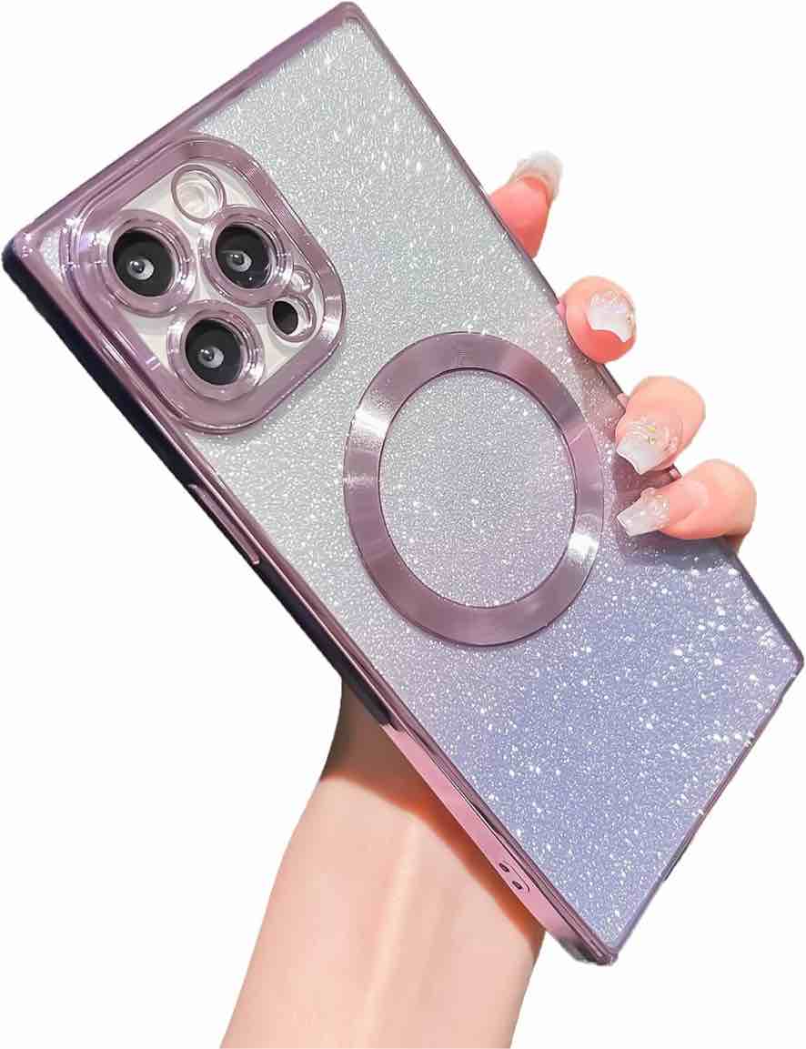 SobLn for Rectangle iPhone 12 Pro Case Glitter Magnetic Compatible with MagSafe Full Camera Lens Protection Luxury Plating Cute Bling Clear Shockproof Slim Phone Case for Women Girls (Purple)