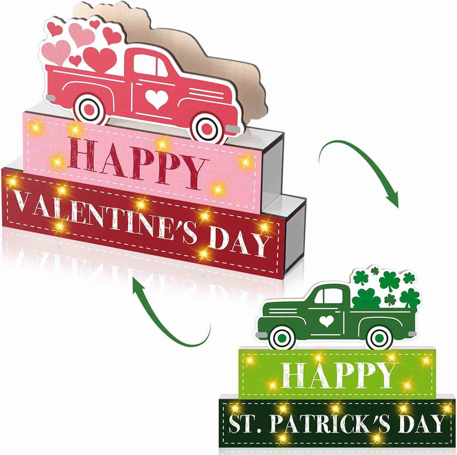 Yousoontic Reversible Happy Valentine‘s Day Decorations and St. Patrick Day Decor Wooden Sign with LED Lights Double Sided lighted Wood Block Decor for Table Mantel Desk Home