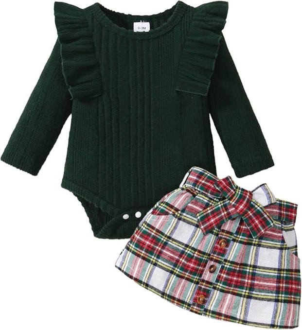 (6-12 Months) Newborn Baby Girl Plaid Outfits Long Sleeves Knit Ribbed Romper Plaid Belt Skirt Set Fall Winter Clothes