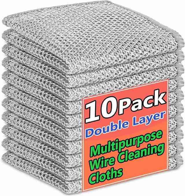 WUYILED 10Pack Non-Scratch Wire Dishcloths, Wire Dishwashing Rags: Double Layer, for Wet and Dry Cleaning, Reuseable & Multipurpose, Steel Wire Cleaning Cloths for Dishes/Cookware/Kitchen