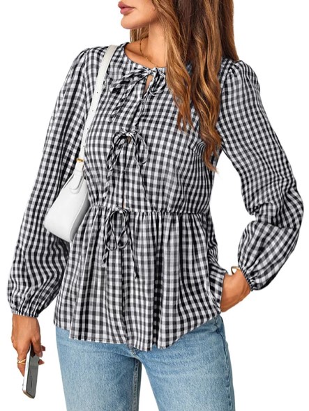(Small) MEROKEETY Women's 2024 Tie Front Plaid Blouse Shirt Cute Puff Long Sleeve Crewneck Button Y2K Ruffle
