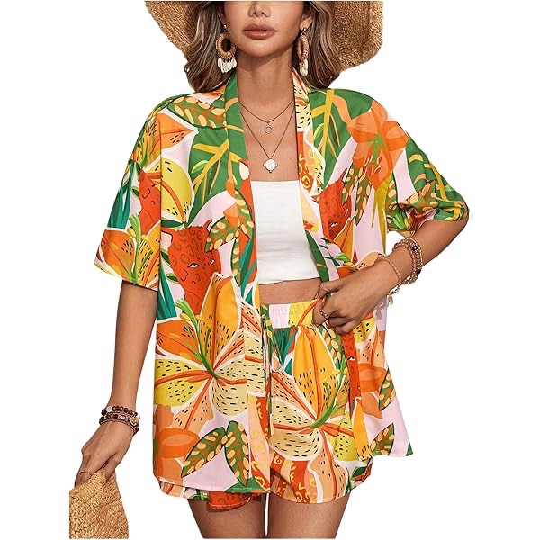(Size M) SOLY HUX Women's 2 Piece Outfits Summer Tropical Print Short Sleeve Open Front Kimono and Shorts Set