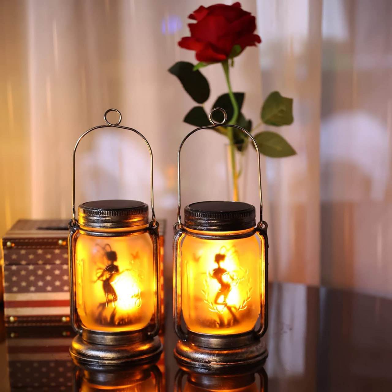 ANGMLN Solar Flame Lanterns Outdoor Waterproof, 2 Pack Garden Hanging Fairy Lantern Solar Lights Decor with Flickering Flames for Patio Yard Garden Outdoor Decorations