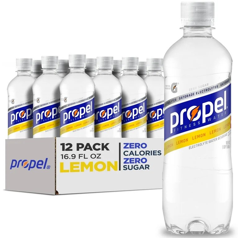 Propel Electrolyte Enhanced Water Sports Drink, Lemon Flavored Water, Zero Calorie & Zero Sugar Hydration with Electrolytes and Vitamins C & E, 16.9 fl oz Water Bottles (12 Pack)?