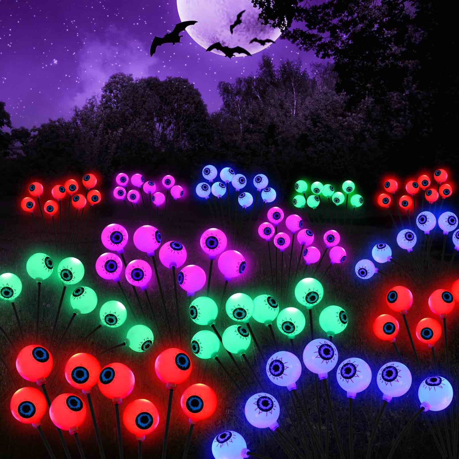 Halloween Decorations 2packs 16LED Outdoor Solar Scary Eyeball Lights for Yard/Garden/Lawn/Party, Colourful Gradient Halloween Haunted Mansion Decor Lamp Props, Waterproof Metals Stake