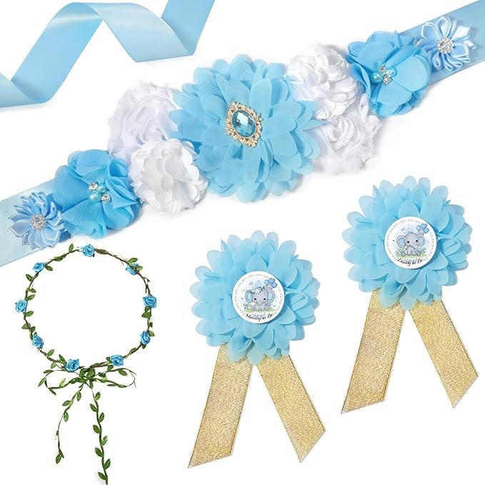4 Pcs Elephant Theme Maternity Sash, Mom to Be & Dad to Be Corsage Pin Set, Flower Crown Elephant Baby Shower Decorations Pregnancy Photo Props New Parents Keepsake