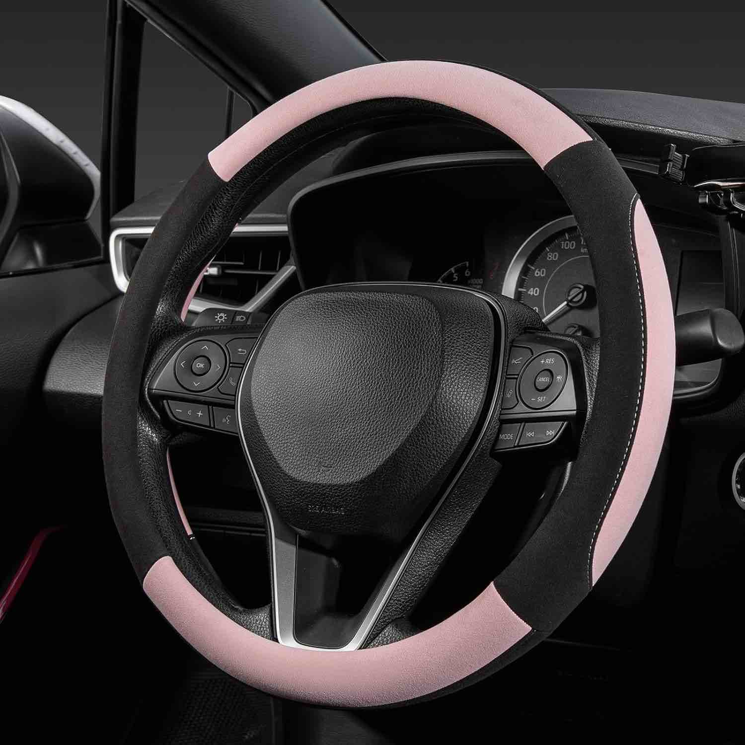 SEG Direct Suede Steering Wheel Cover for Car, Standard Size 14.5-15 inch (37-39 cm), Sport Non-Slip Automotive Interior Accessories, Black and Pink