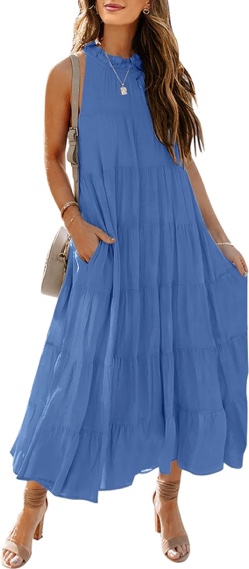 (Size L) HAEOF Women's Summer Sleeveless Halter Midi Maxi Dress Casual Loose Fit Pleated Tiered Flowy Beach Vacation Long