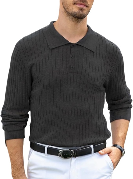 Men's Fashion Knit Polo Shirts Long Sleeve Wool Pullover Sweater Casual Ribbed Button Stretch Knit Top
