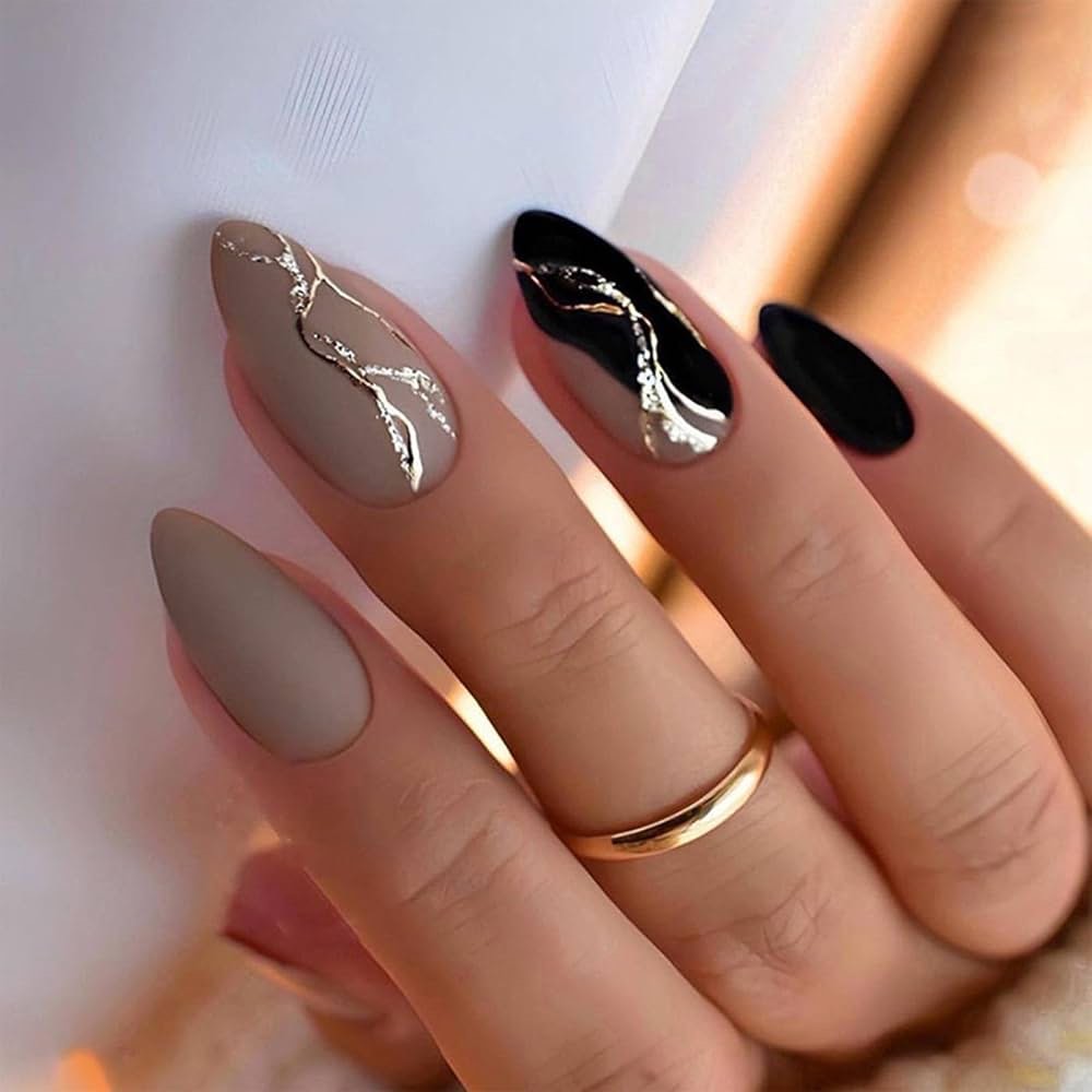 Almond Press on Nails Medium Length Fake Nails, LPOODDNU Black Press on Nails Matte False Nail Tips with Gold Strips Glossy Full Cover Glue on Nails Reusable Stick on Nails for Women Manicure Decor