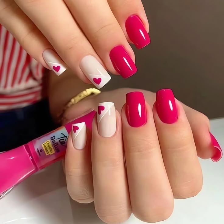 LPOODDNU Heart Press on Nails - Medium, Square, Glossy Pink French False Tips for Valentine's Day Manicure