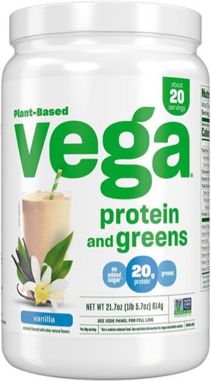 Vega Protein and Greens Protein Powder, Vanilla - 20g Plant Based Protein Plus Veggies, Vegan, Non GMO, Pea Protein for Women and Men, 21.7 Ounce 
