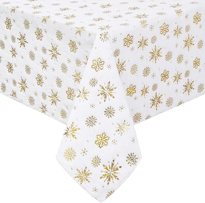 FRAMICS Christmas Tablecloth 60" x 104", Gold Snowflake Faux Fur Tablecloths Christmas Rectangular Table Cloth Washable, White Dreamy Wrinkle Resistant Table Cover Winter Party Dinner Xmas Decoration