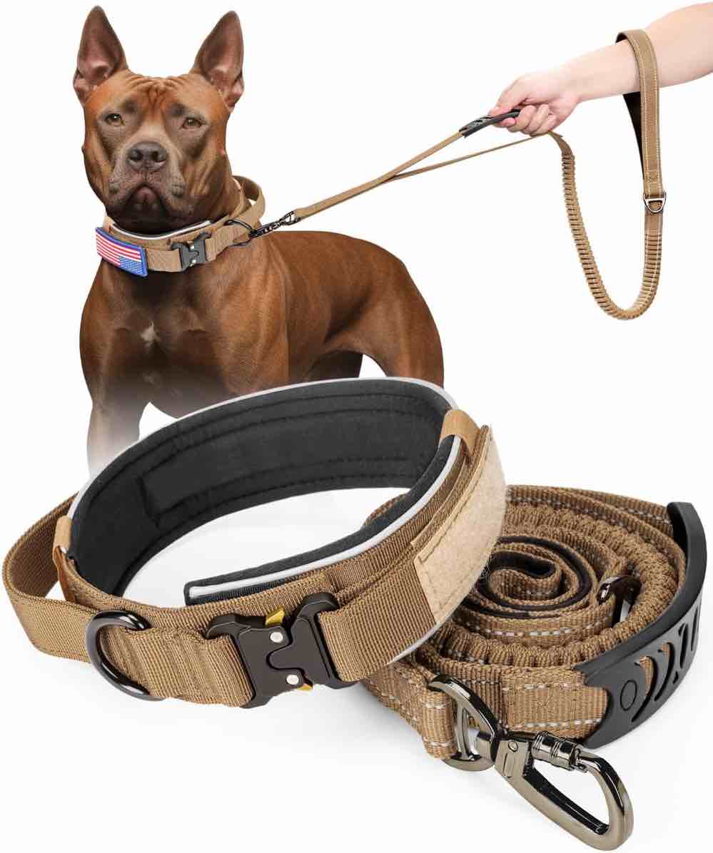 Brown Heavy Duty Nylon No Pull Dog Leash and Wide Thick Reflective Collar Set for Medium Large Strong Dogs Quick Release Metal Buckle with Airtag Holder Comfortable Padded Durable for Night Walking