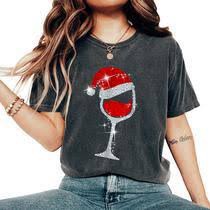 Christmas T-Shirt Wine Glass With Santa Hat Black Xmas Party