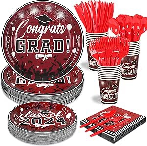 LELEMON Graduation Party Supplies Serves 25 Graduation Party Maroon Class of 2024 Tableware Disposable Dinner Plates Dessert Plates Napkins Knife Fork Spoon for Congrats Grad Party Decorations