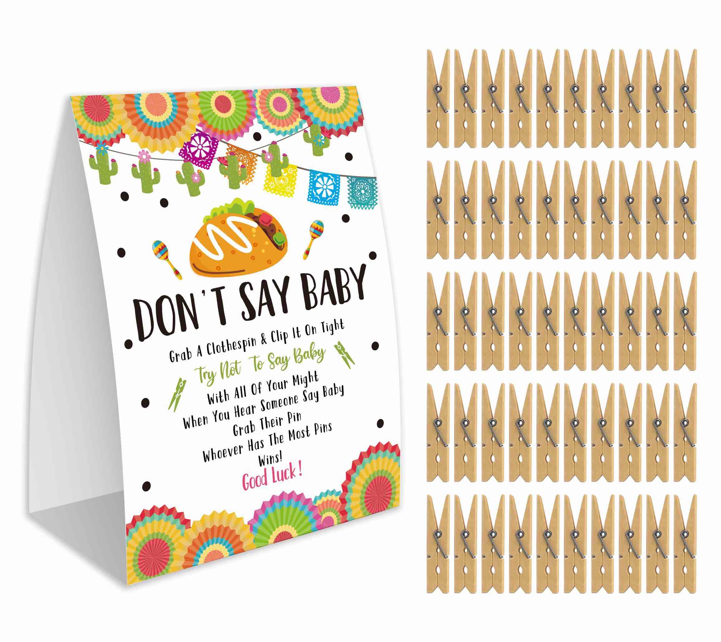 Don't Say Baby Game for Baby Shower, 50 Wooden Clothespins and one Sign, Mexican Muchacha Theme, Pins for Baby Shower Decorations, Gender Reveal Games, Baby Shower Supplies