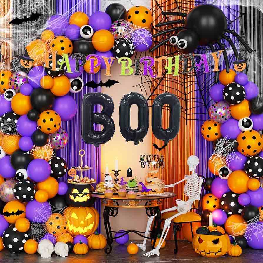 Fiesec Halloween Party Decorations, 137 PCs Happy Halloween Party Decorations Purple Black Orange Fringe Curtain Trick or Treat Glitter Banner Balloon Garland Fake Spider Web Tablecloth Cake Topper