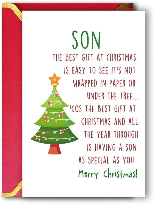 Ziwenhu Merry Christmas Card for Son, Best Gifts for Son Christmas from Mother Father, Star Tree Christmas Gift for Son, Lovely Greeting Cards for Children from Family