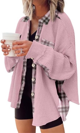 (X-Large) SHEWIN Womens Waffle Knit Plaid Shacket Boyfriend Button Down Shirt Hooded Jacket Loose Long Sleeve Tops