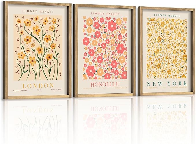 Set of 3 Framed Flower Market Wall Art Farmhouse Floral Wall Decor Minimalist Wall Sign Vintage Home Wall Decor Brown