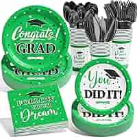 LELEMON Graduation Party Supplies - Green Class of 2024 Tableware - 25 Disposable Dinner Plates (9 & 7 Inches), Dessert Plates, Napkins, Cutlery - Modern Style - Paper Construction
