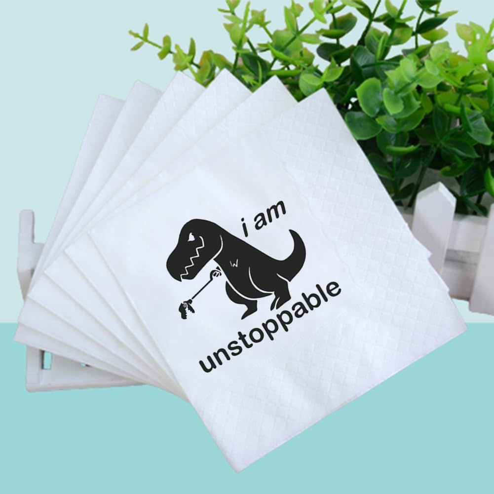 VOWFOO “I Am Unstoppable” Funny Dinosaur Quotes Cocktail Napkins for Birthday Baby Shower Graduation Office BBQ — Disposable Paper Napkins for Cocktail Party Cocktail Party (100 Pieces, 4.5 x 4,5 2, I Am Unstoppable)