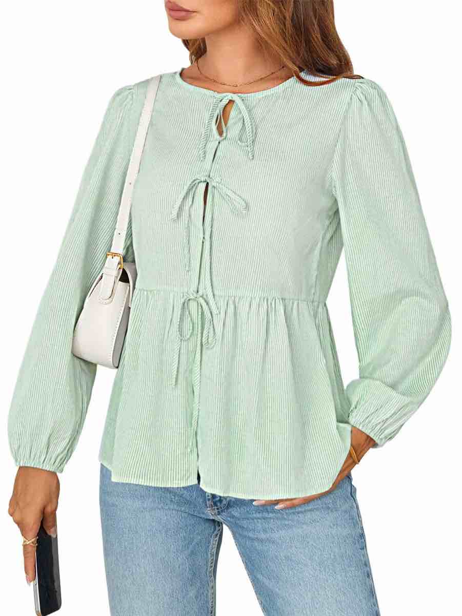 (Small) MEROKEETY Women's Tie Front Striped Peplum Tops Long Puff Sleeve Button Casual Babydoll Blouse Shirt