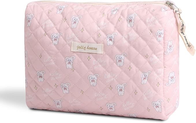 Dalulu Kawaii Floral Makeup Bag Coquette Aesthetic Cosmetic Bag Large Travel Make up Organizer Cute Pouch Cotton Quilted Toiletry Bag for Women Girls Kawaii Stuff, L-Pink Rabbit, Kawaii Floral Makeup