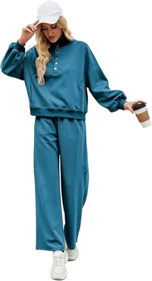 (Medium) Ladyful Women 2 Piece Sweatsuit Outfits Oversized Long Sleeve Pullover and Wide Leg Drawstring Pants Lounge Sets Tracksuit