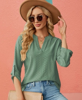 (X-Large) TOBEMORE Womens 3/4 Sleeve Tops Blouses Business Casual Dressy Tops V Neck Lightweight Jacquard Work Shirts Small 3/4 Sleeve Green