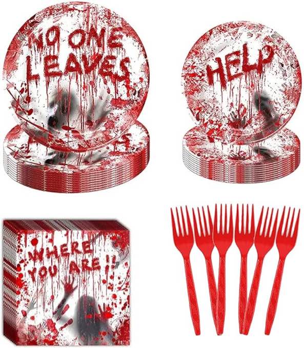 Bloody Good Time Party Tableware Set Halloween Zombie Skull Bloody Party Table Decorations Halloween Party Supplies Table Decorations Paper Plates Napkins Forks for 24 Guests(96 Pcs )