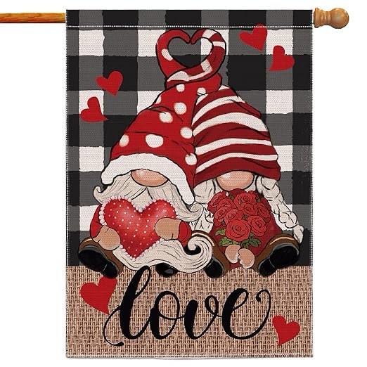 JNDJE Valentines House Flag, Valentines Decor Gnomes Flag 28x40 Double Sided, Valentine Flags Buffalo Plaid Burlap Signs Home Decorations Rustic Welcome Love Outdoor Farmhouse