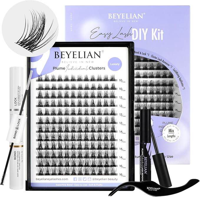 BEYELIAN Lash Extension Kit Cluster Lashes Kit with 84 Pcs Lash Clusters, Clusters Eyelash Applicator Tool, Cluster Lashes Bond and Seal Super Hold, Clusters Lash Glue Remover Easy to Apply at Home