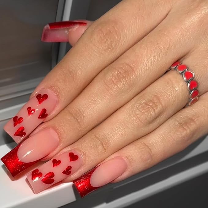 LPOODDNU Heart Press on Nails - Medium, Square, Glossy Pink French False Tips for Valentine's Day Manicure