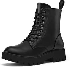 (Size 11) mysoft Women's Combat Boots Lace-Up Platform Ankle Booties Chunky Low Heel Side Zipper Shoes